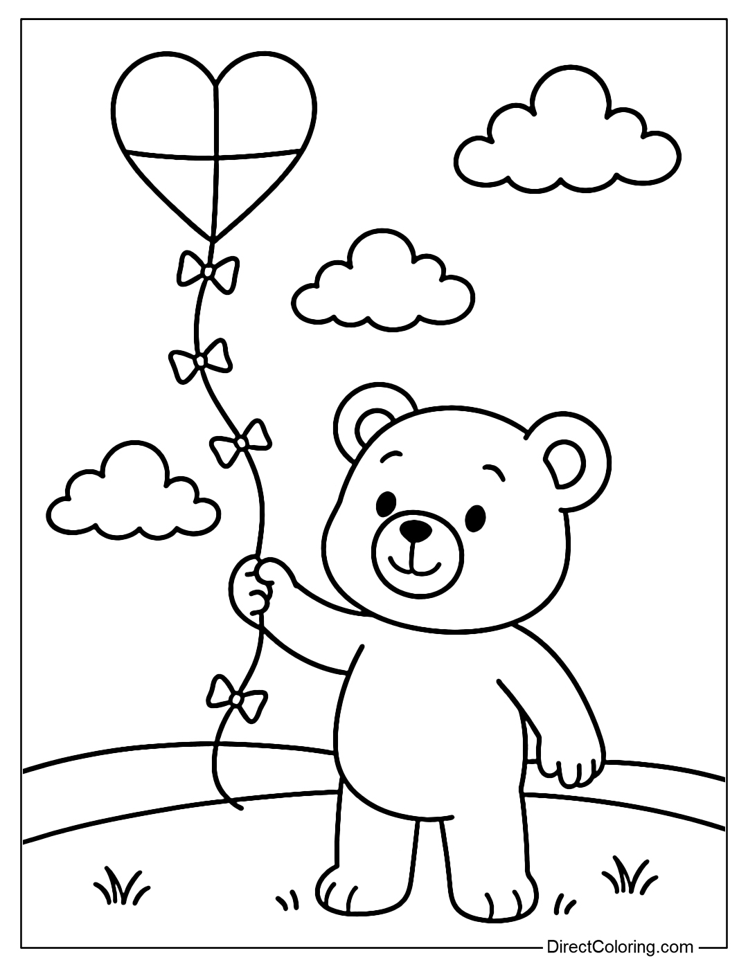 A coloring page of a teddy bear holding a heart-shaped kite string, standing in the middle of a large grass field.